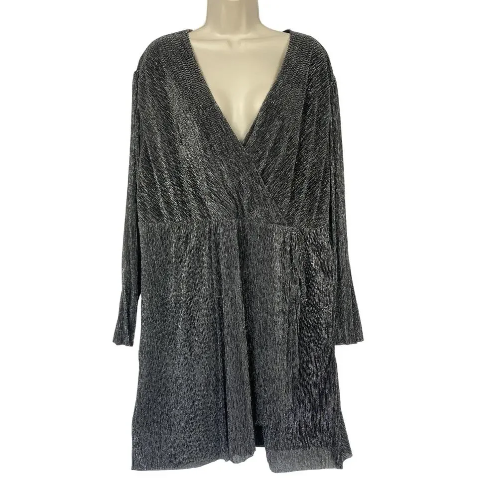 Serra Dress Womens XXL Metallic Silver Pleated Faux Wrap New Years Party Glam - Picture 1 of 15